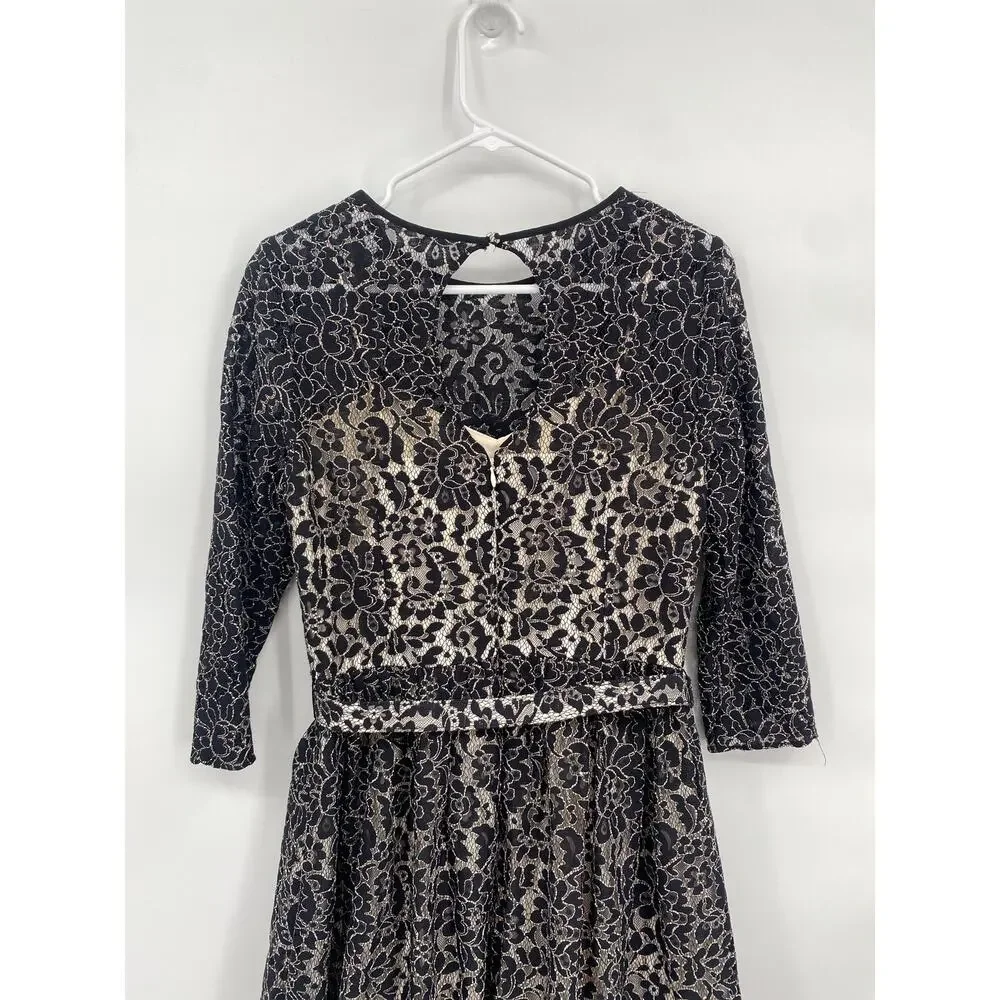 Eliza J Black Lace Overlay Tan Lined Cocktail Dress Belt Long Sleeve 6